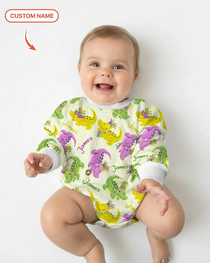 Custom Name Mardi Gras Alligator Bamboo Bubble Romper