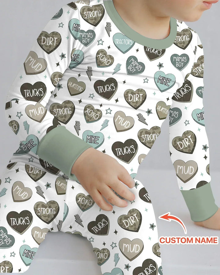 Personalized Camo Candy Hearts Bamboo Two Piece Long Sleeve Pajama Set
