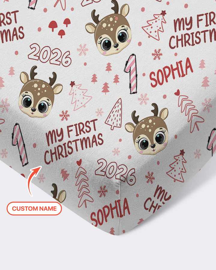 Custom Name Cute Reindeer My First Christmas Bamboo Fitted Crib Sheet
