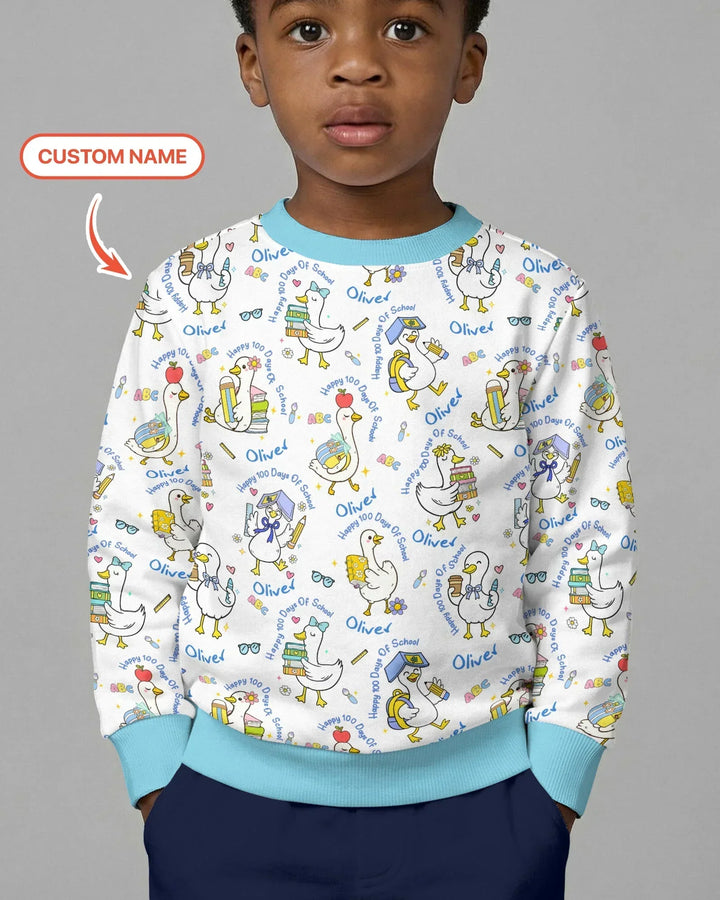 Custom Name Goose Happy 100 Days Of School Bamboo Crewneck Sweatshirt