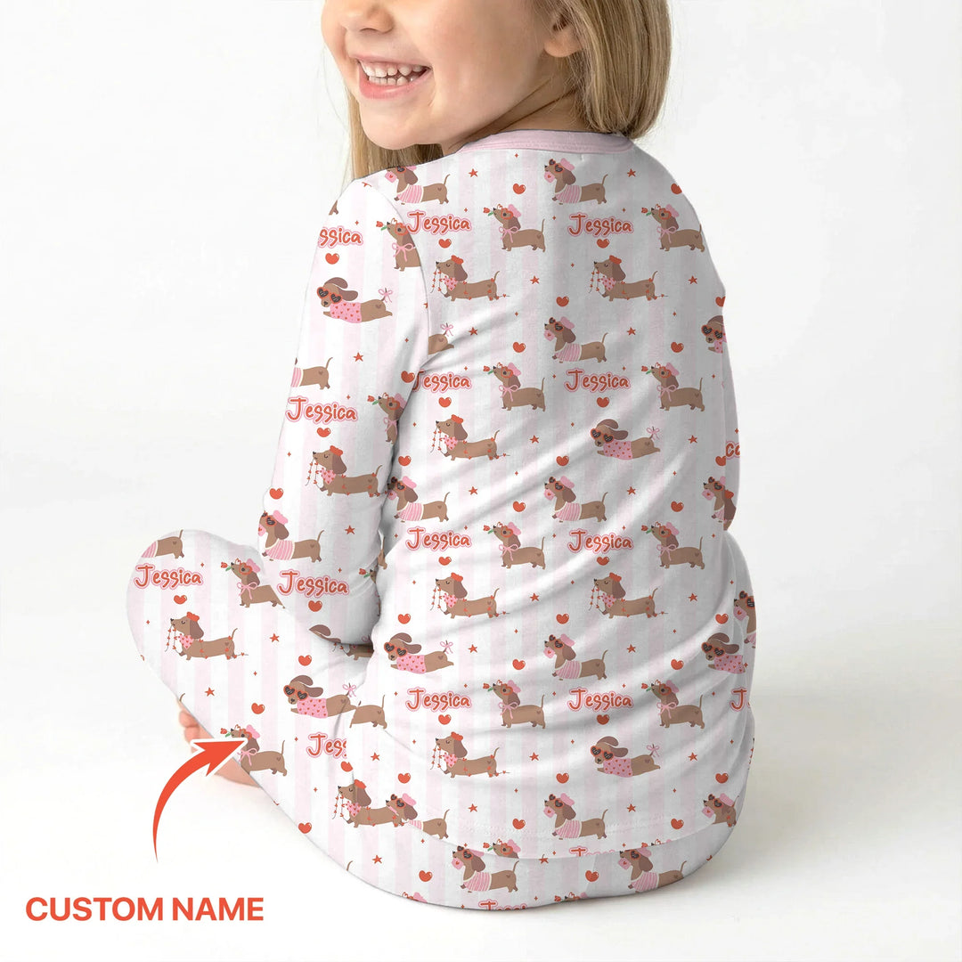 Custom Name Valentine Dachshund Family Matching Bamboo Two Piece Long Sleeve Pajama Set