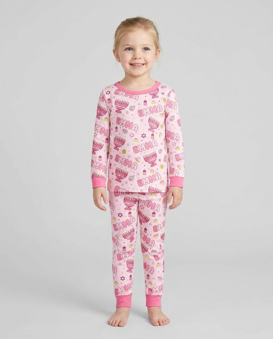 Custom name Happy Hanukkah 2026 Bamboo Two Piece Long Sleeve Pajama Set
