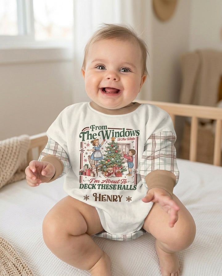 Custom Name Vintage Deck The Halls Bamboo Bubble Romper