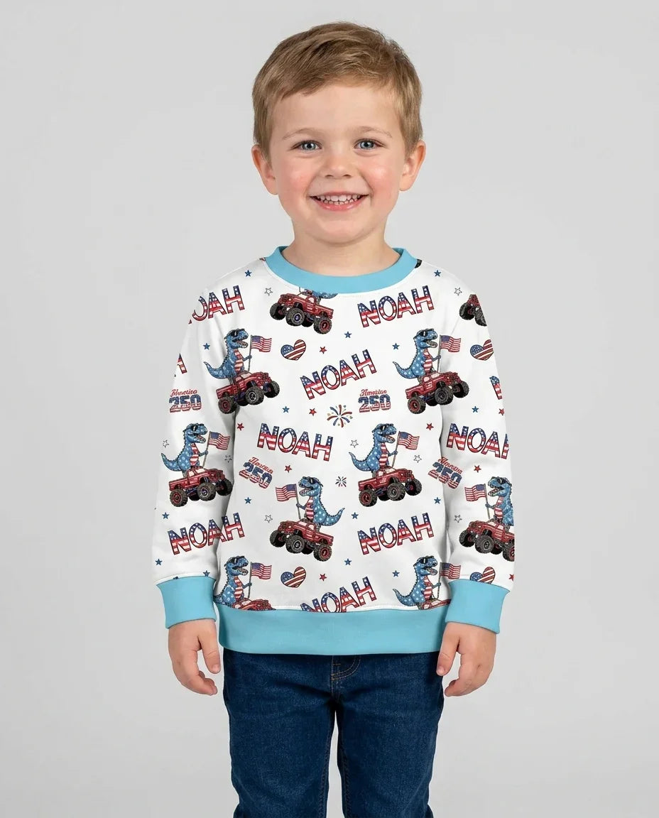 Custom Name American Flag Dinosaur Bamboo Crewneck Sweatshirt