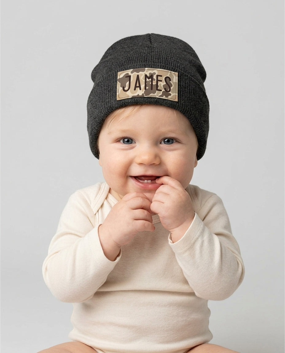 Custom Name Camo Leather Patch Beanie