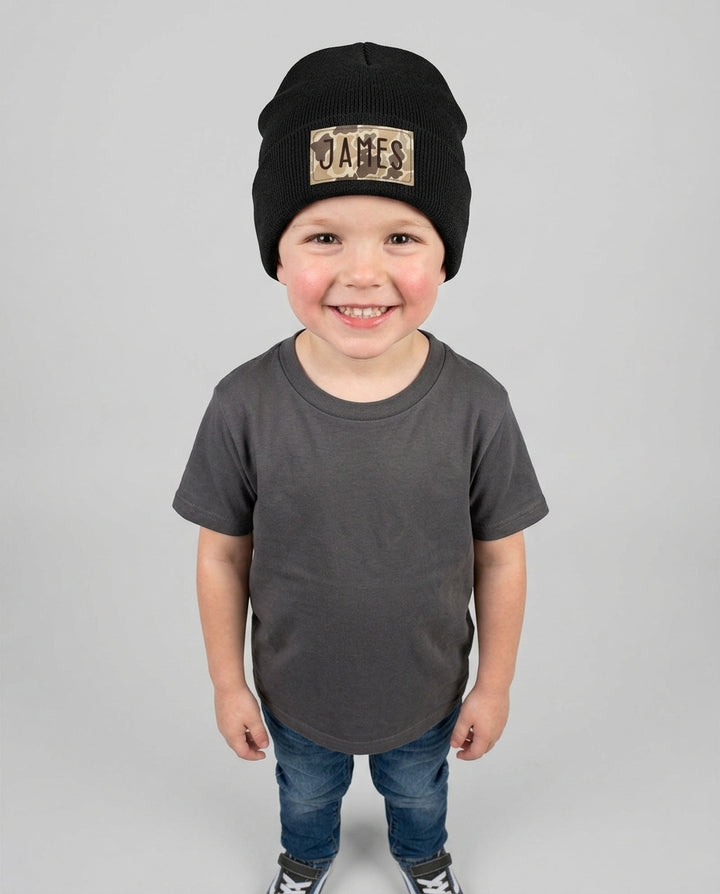 Custom Name Camo Leather Patch Beanie