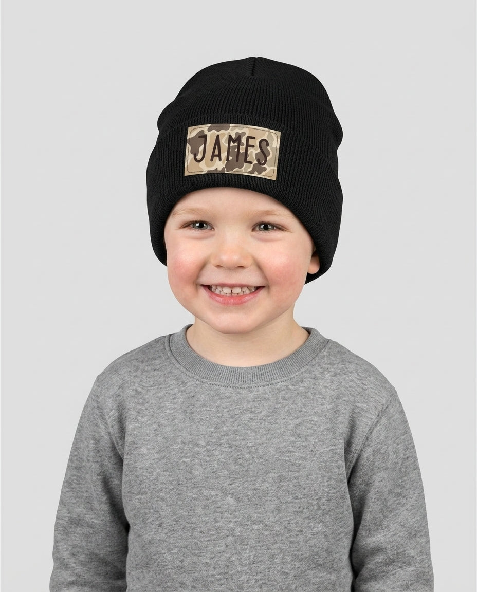 Custom Name Camo Leather Patch Beanie