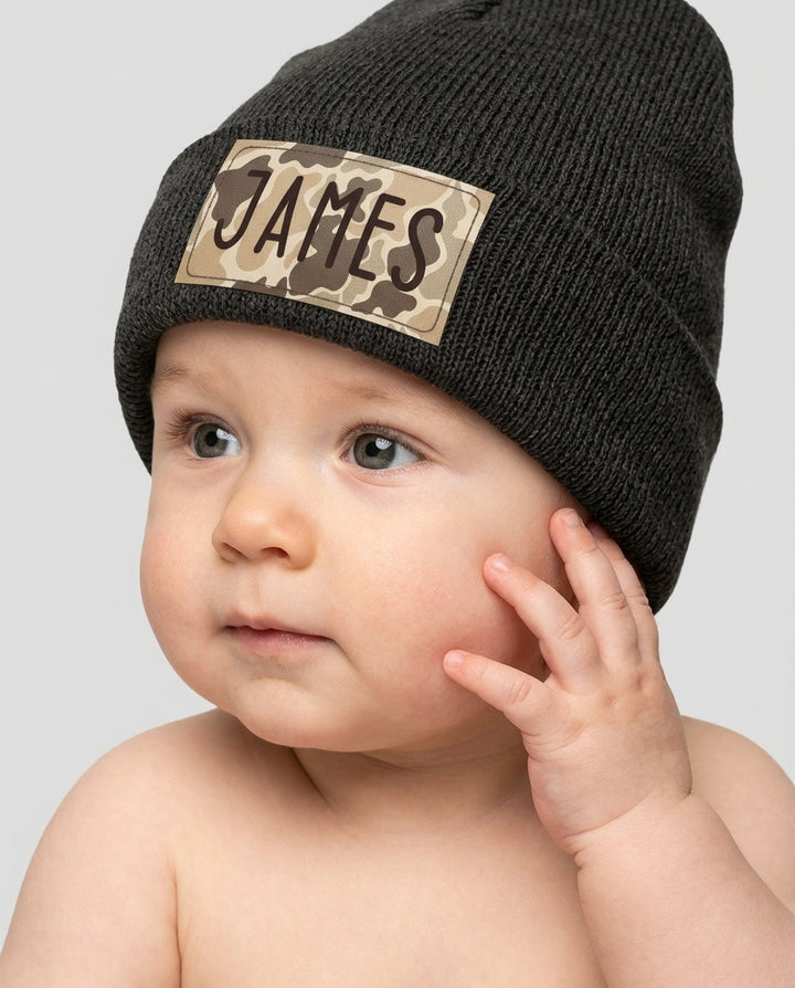 Custom Name Camo Leather Patch Beanie