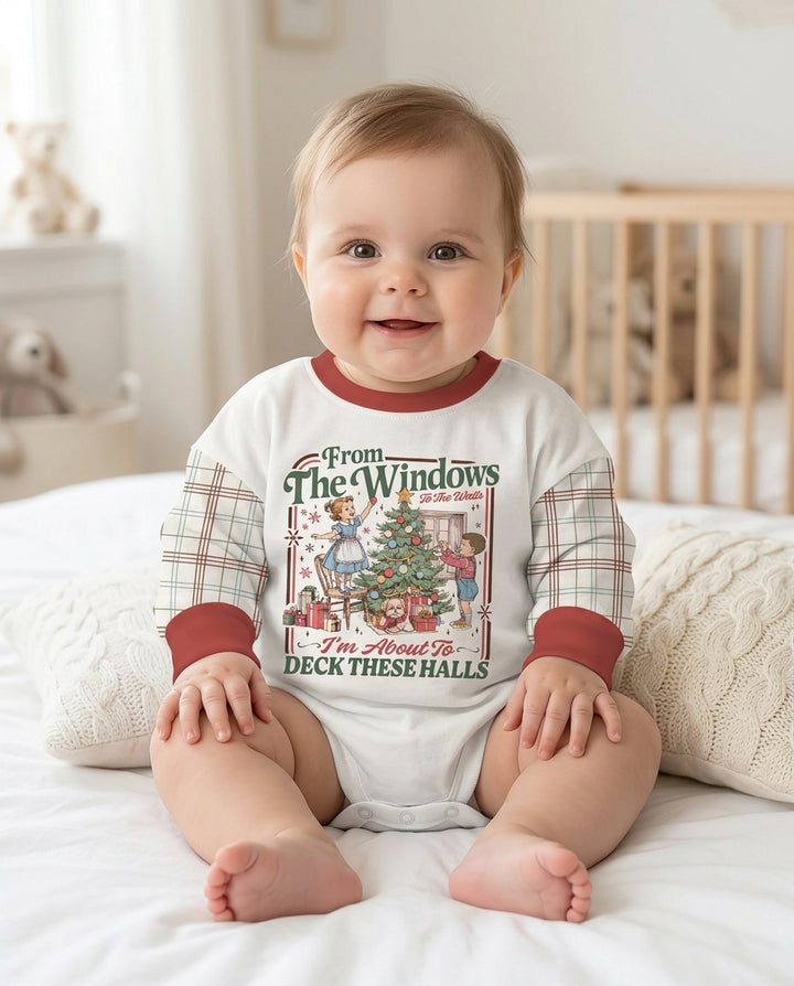Custom Name Vintage Deck The Halls Bamboo Bubble Romper