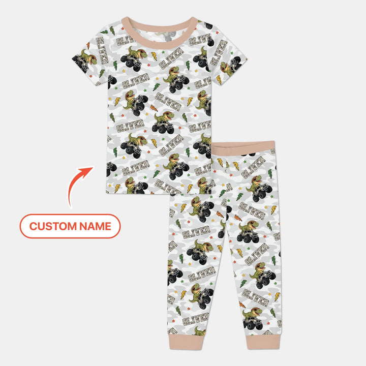 Custom Name Camo Trucker Dino Bamboo Two Piece Short Sleeve Pajama Set