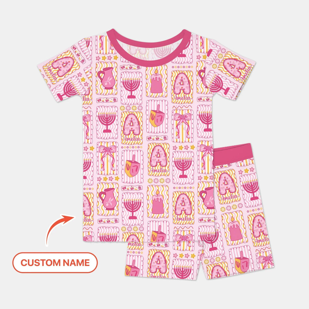 Custom Name Hanukkah Wonderland Bamboo Two Piece Short Sleeve Shorts Pajama Set