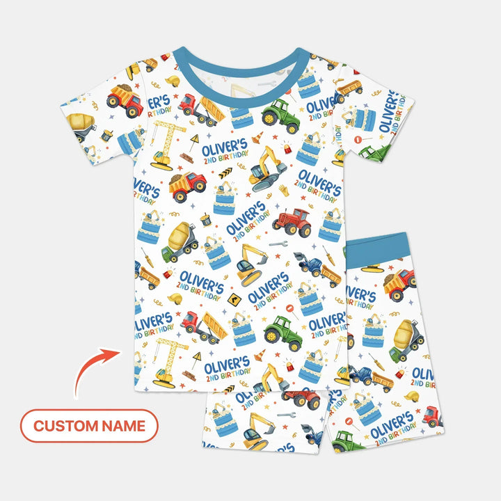Custom Name Little Builder's Birthday Bamboo Two Piece Short Sleeve Shorts Pajama Set