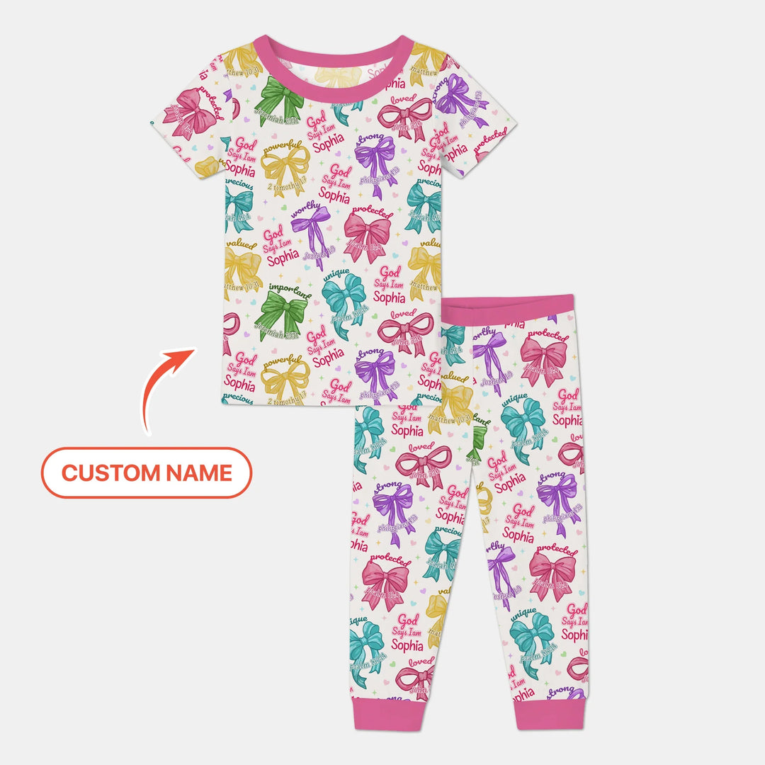 God Says I Am Bow Blessings Custom Name Bamboo Two Piece Short Sleeve Pajama Set
