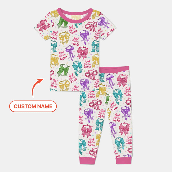 God Says I Am Bow Blessings Custom Name Bamboo Two Piece Short Sleeve Pajama Set