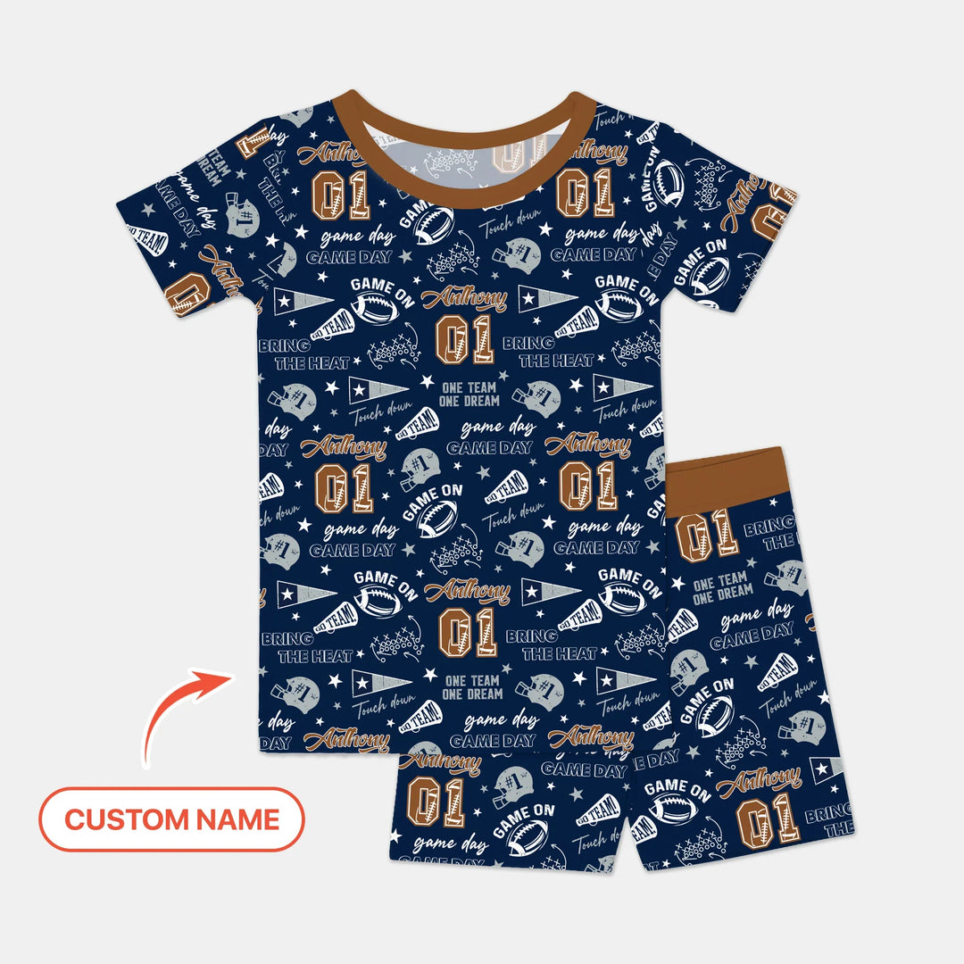 Custom Name Football Game Day Bamboo Two Piece Short Sleeve Shorts Pajama Set