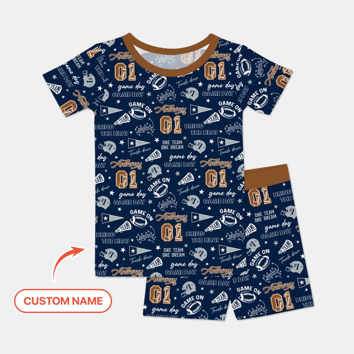 Custom Name Football Game Day Bamboo Two Piece Short Sleeve Shorts Pajama Set