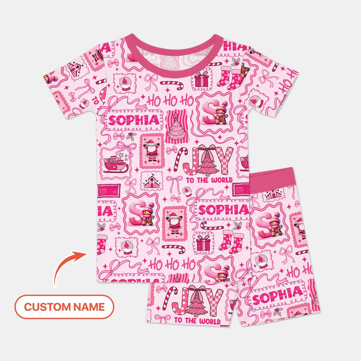 Custom Name Preppy Pink Christmas Two Piece Short Sleeve Shorts Pajama Set , Custom Name Preppy Pink Christmas Two Piece Short Sleeve Shorts Pajama Set - 12-18M