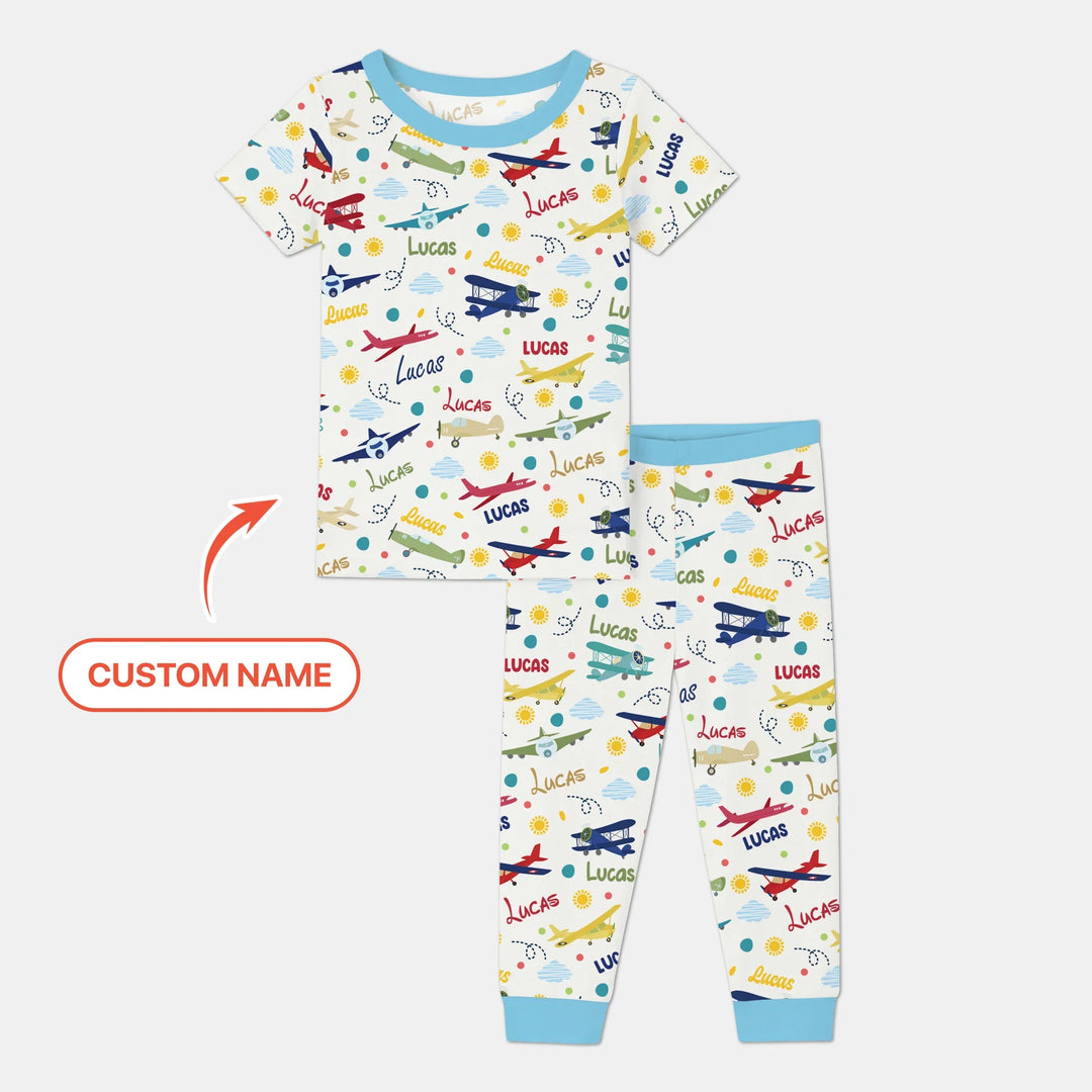 Custom Name Air Transport Bamboo Two Piece Short Sleeve Pajama Set