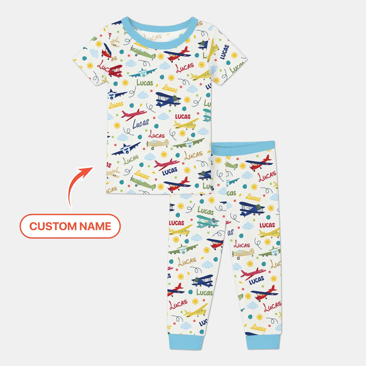 Custom Name Air Transport Bamboo Two Piece Short Sleeve Pajama Set