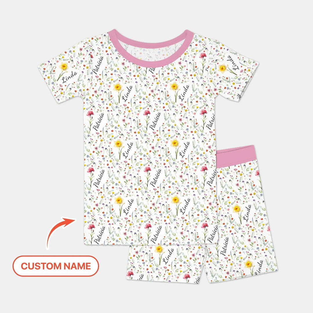Birth Flower Custom Name Family Daughter Sister Bamboo Two Piece Short Sleeve Shorts Pajama Set