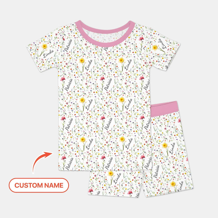 Birth Flower Custom Name Family Daughter Sister Bamboo Two Piece Short Sleeve Shorts Pajama Set