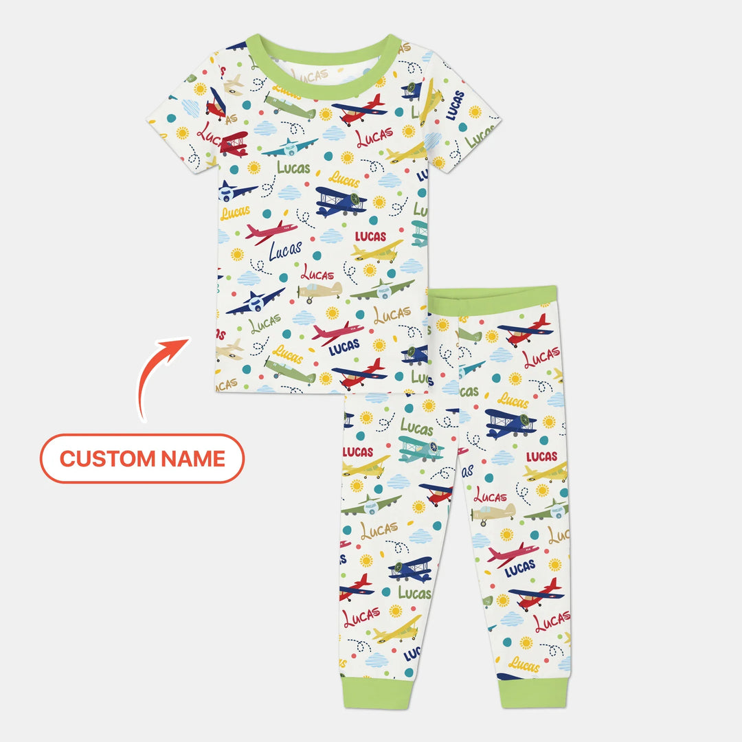 Custom Name Air Transport Bamboo Two Piece Short Sleeve Pajama Set