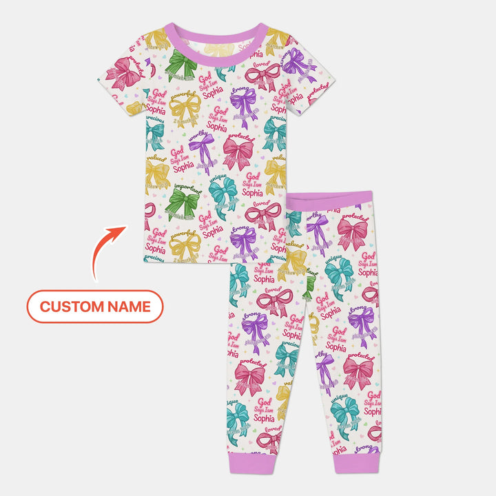 God Says I Am Bow Blessings Custom Name Bamboo Two Piece Short Sleeve Pajama Set