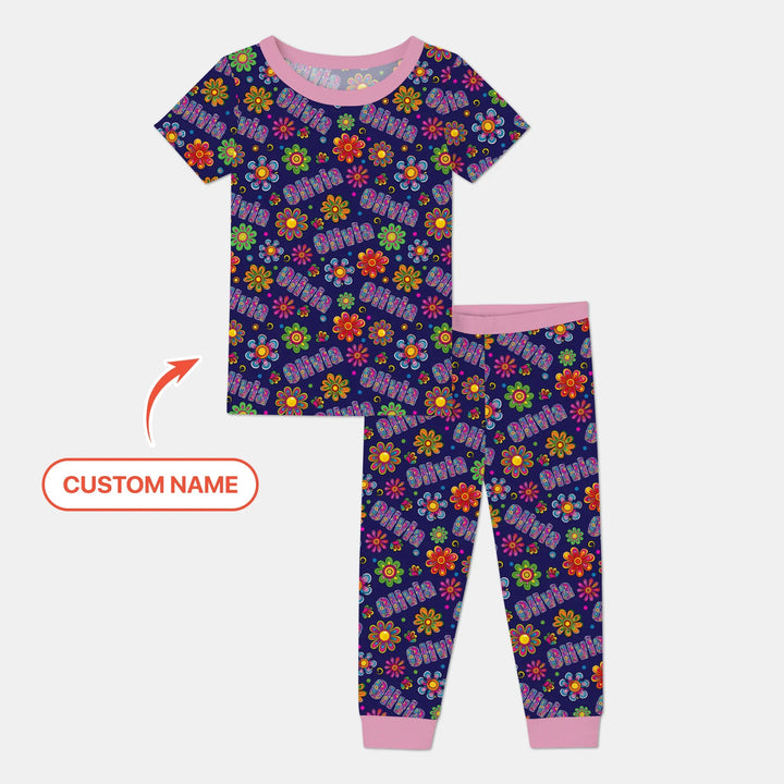 Custom Name Rainbow Hippie Flowers Bamboo Two Piece Short Sleeve Pajama Set