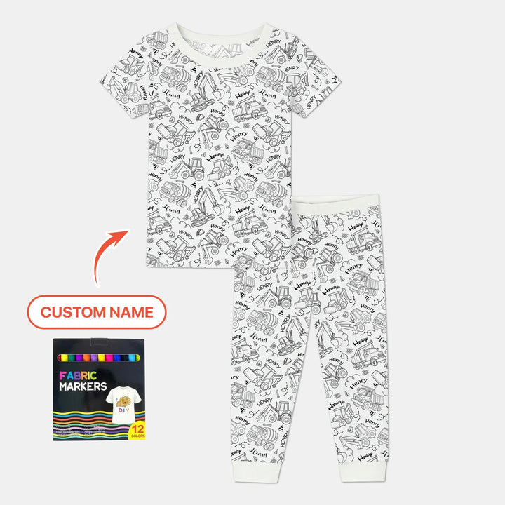 Construction Vehicules Custom Name Colorable Bamboo Two Piece Short Sleeve Pajama Set