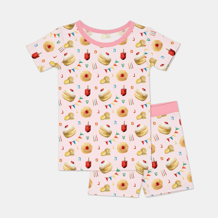 Hanukkah Donuts Two Piece Short Sleeve Shorts Pajama Set , Hanukkah Donuts Two Piece Short Sleeve Shorts Pajama Set - 12-18M / Pink