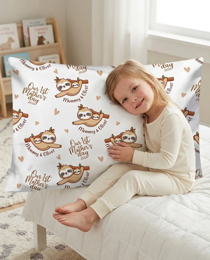 Custom Name Mama & Baby Sloth – Our First Mother’s Day 2026 Bamboo Pillow Case