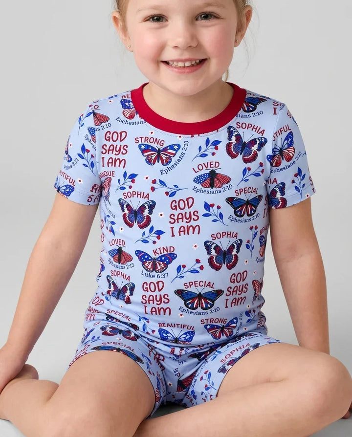 God Says I Am - Liberty Wings Custom Name Bamboo Two Piece Short Sleeve Shorts Pajama Set