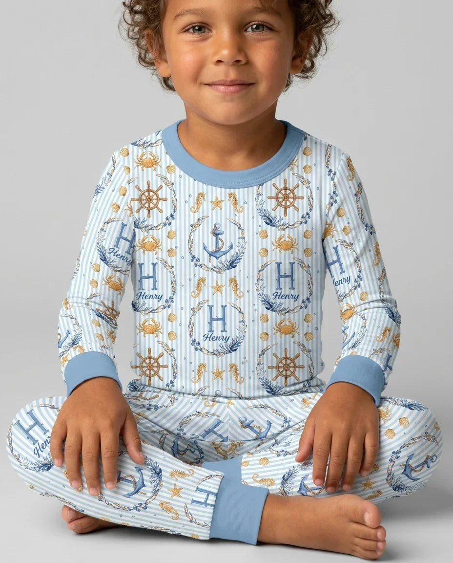 Bon Voyage Custom Name Bamboo Two Piece Long Sleeve Pajama Set