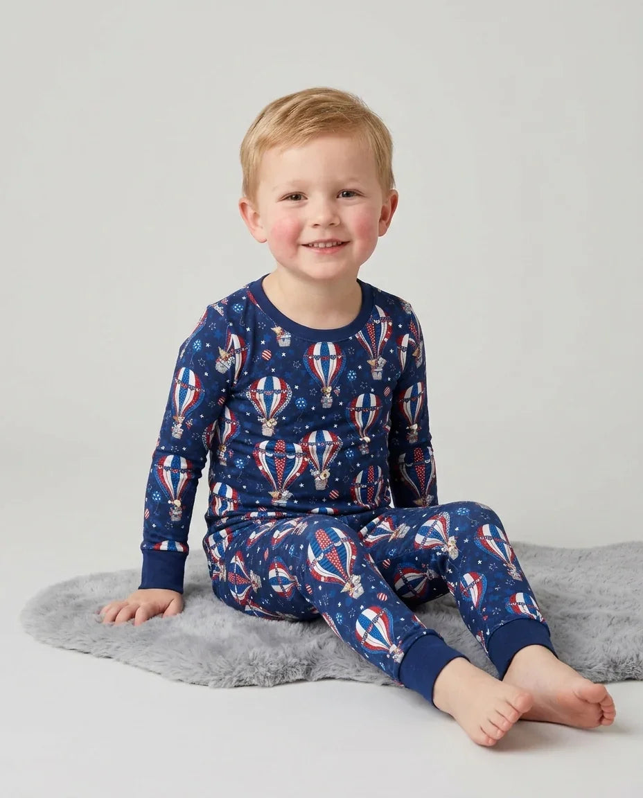 Patriotic Pups in Hot Air Balloons Family Matching Bamboo Two Piece Long Sleeve Pajama Set