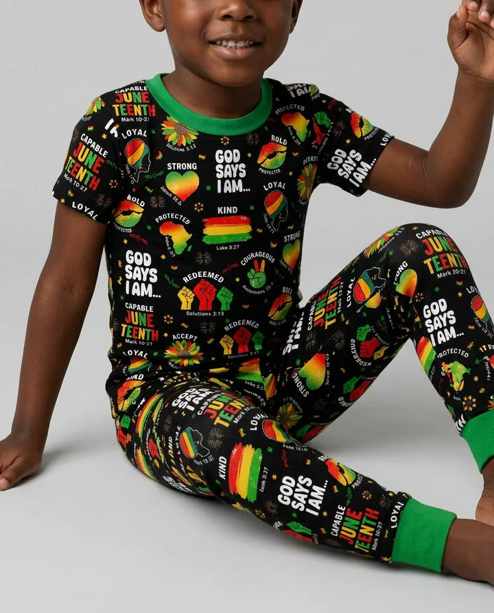 God Says I Am Juneteenth Blessings Bamboo Two Piece Short Sleeve Pajama Set