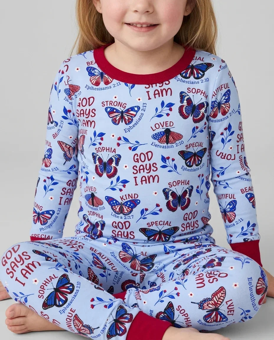 God Says I Am - Liberty Wings Custom Name Bamboo Two Piece Long Sleeve Pajama Set