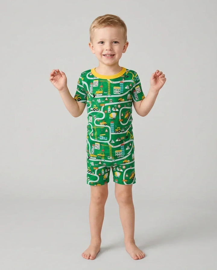 Little Builder Construction Zone Bamboo Two Piece Short Sleeve Shorts Pajama Set