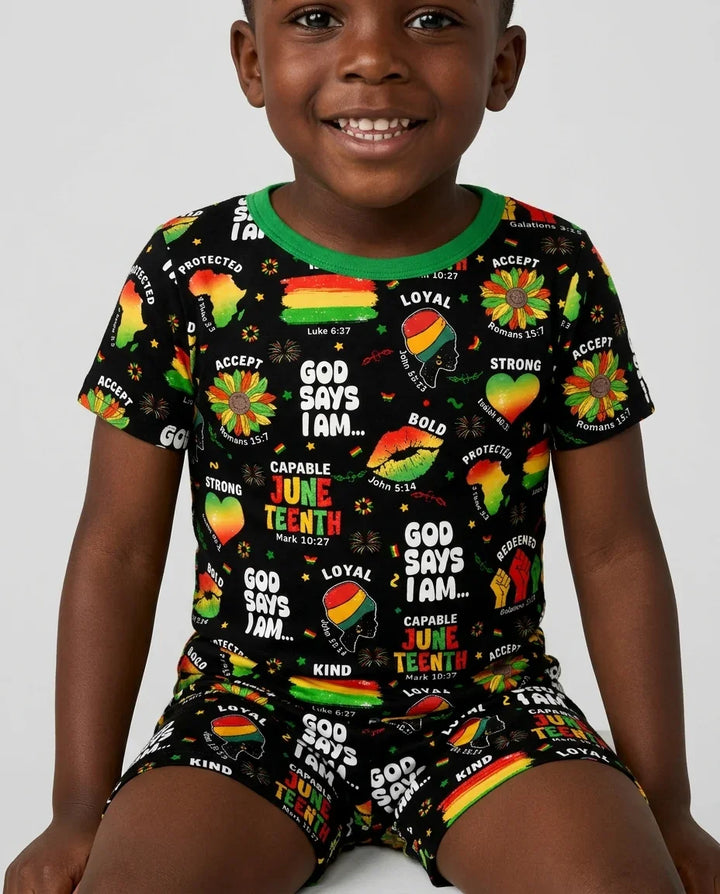 God Says I Am Juneteenth Blessings Bamboo Two Piece Short Sleeve Shorts Pajama Set