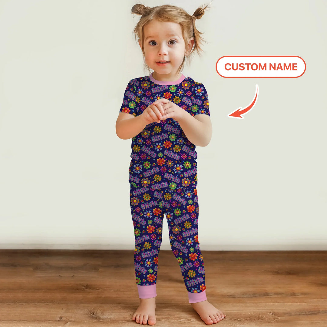 Custom Name Rainbow Hippie Flowers Bamboo Two Piece Short Sleeve Pajama Set