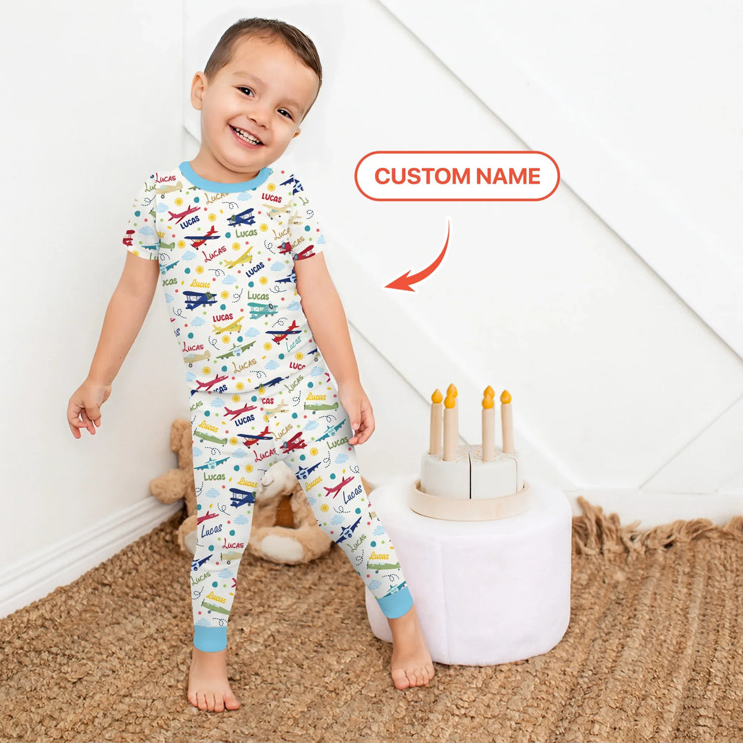 Custom Name Air Transport Bamboo Two Piece Short Sleeve Pajama Set