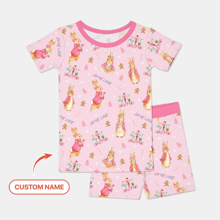 Custom 1st Christmas Rabbit Two Piece Short Sleeve Shorts Pajama Set , Custom 1st Christmas Rabbit Two Piece Short Sleeve Shorts Pajama Set - 12-18M