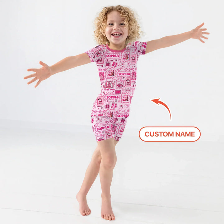 Custom Name Preppy Pink Christmas Two Piece Short Sleeve Shorts Pajama Set , Custom Name Preppy Pink Christmas Two Piece Short Sleeve Shorts Pajama Set - 12-18M