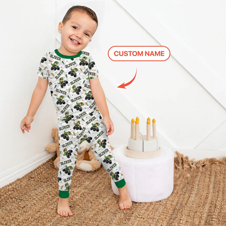 Custom Name Camo Trucker Dino Bamboo Two Piece Short Sleeve Pajama Set