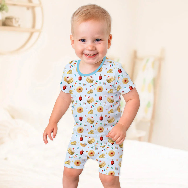 Hanukkah Donuts Two Piece Short Sleeve Shorts Pajama Set , Hanukkah Donuts Two Piece Short Sleeve Shorts Pajama Set - 12-18M / Blue