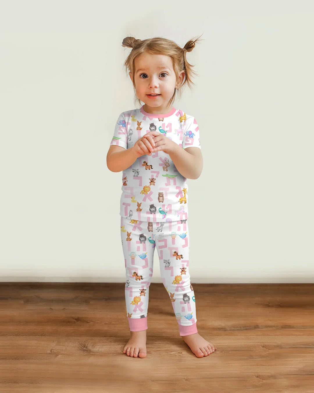 Hebrew Animal Alphabet Bamboo Two Piece Short Sleeve Pajama Set