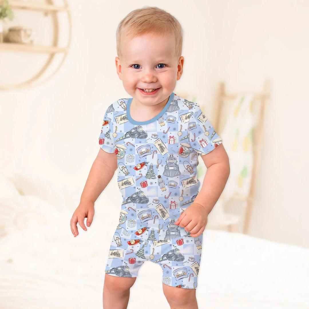 Christmas Train Bamboo Two Piece Short Sleeve Shorts Pajama Set