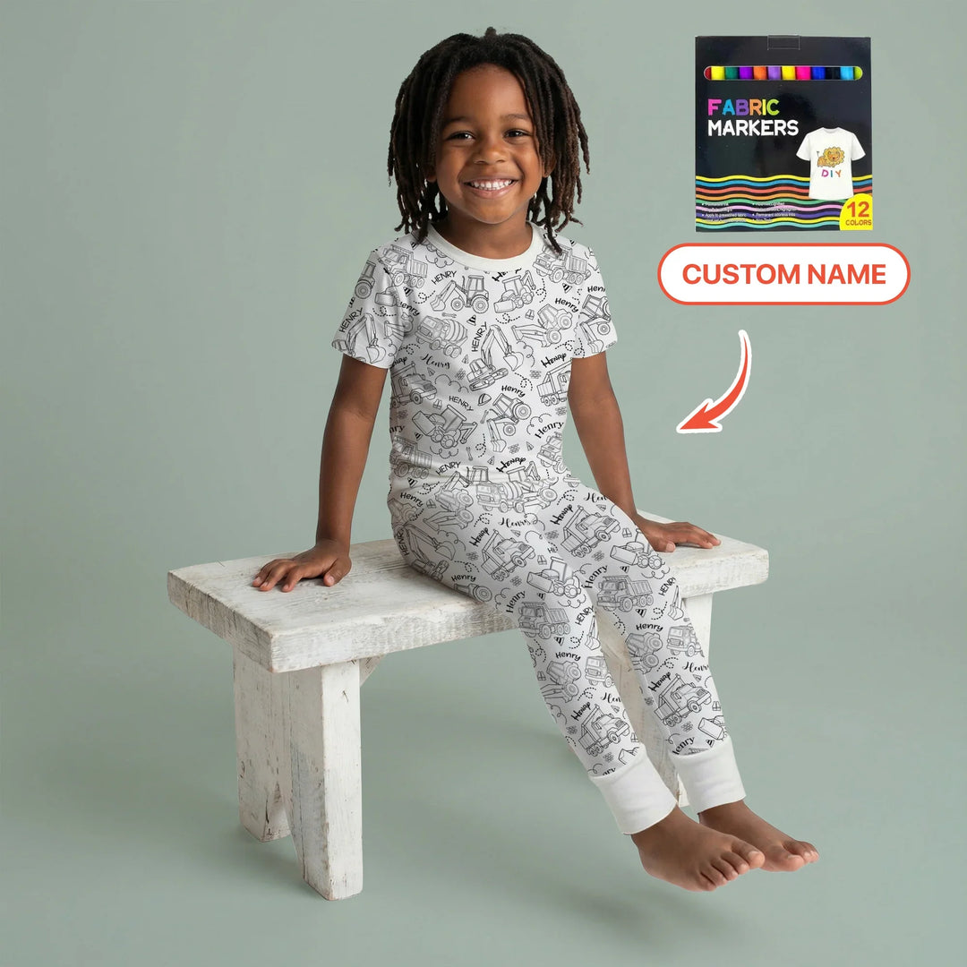 Construction Vehicules Custom Name Colorable Bamboo Two Piece Short Sleeve Pajama Set