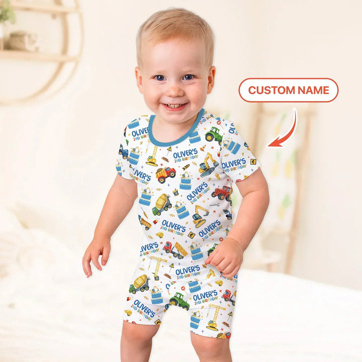 Custom Name Little Builder's Birthday Bamboo Two Piece Short Sleeve Shorts Pajama Set