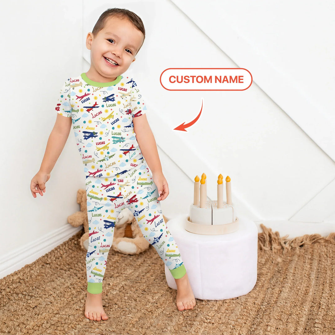 Custom Name Air Transport Bamboo Two Piece Short Sleeve Pajama Set
