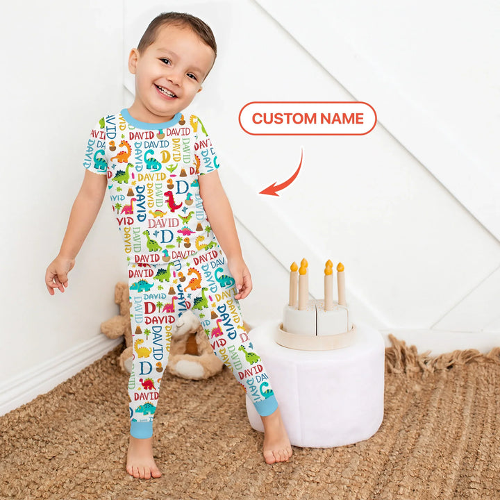Personalized Fantasy Dinosaur Word Bamboo Two Piece Short Sleeve Pajama Set